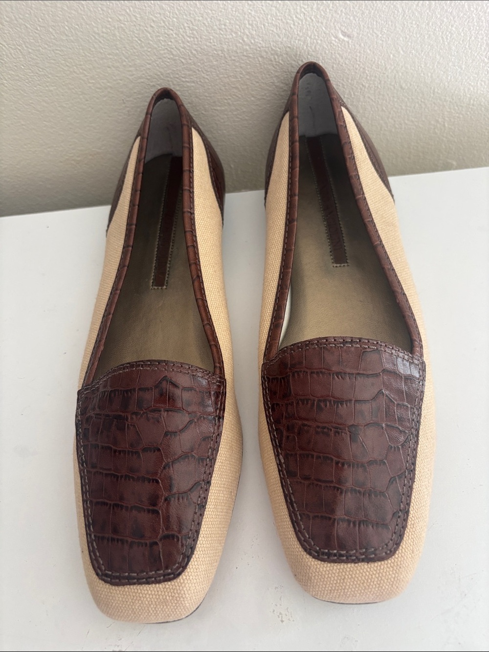 Enzo Angiolini Beige Canvas Flats with Brown Croc-Embossed Trim